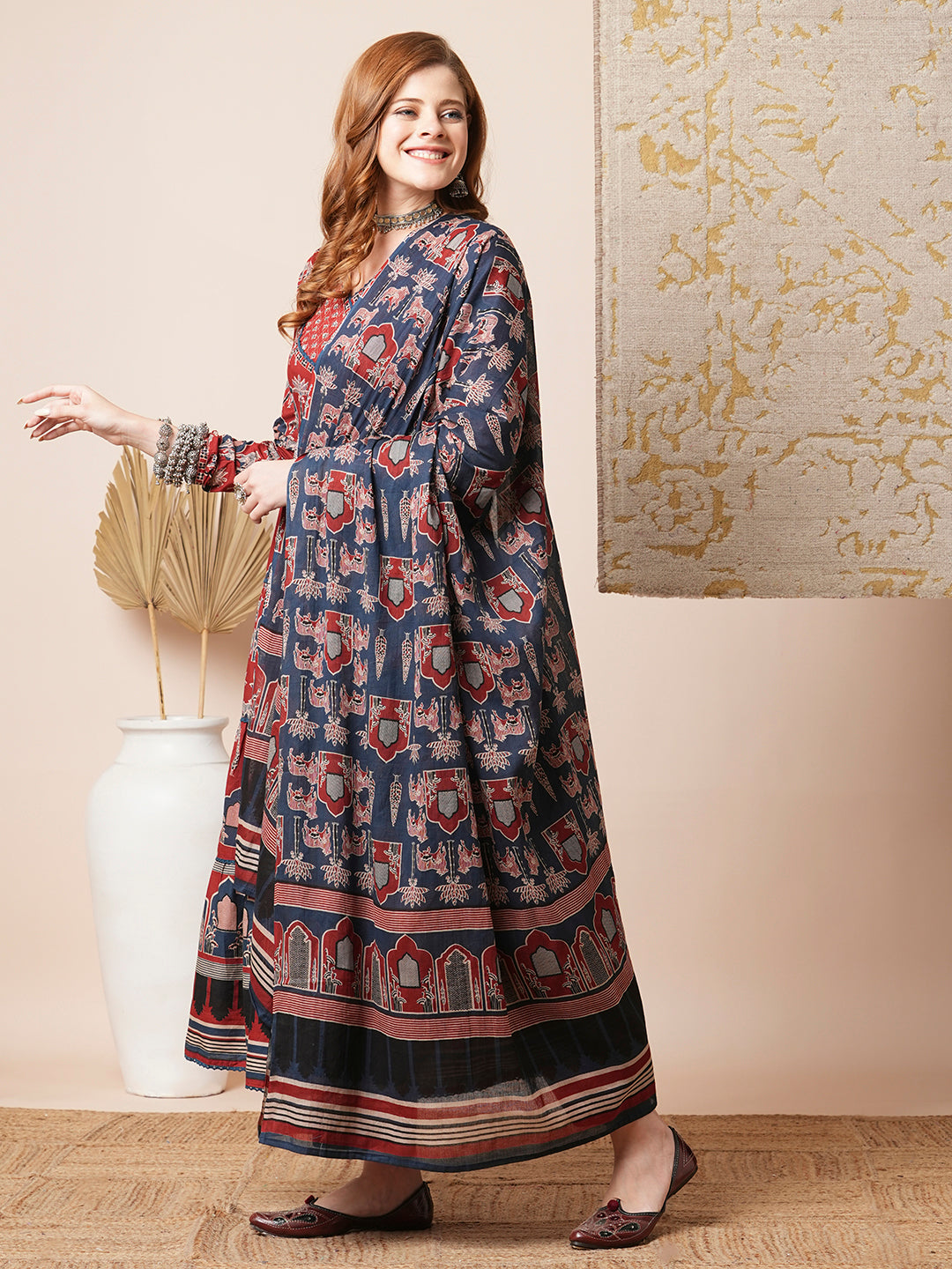 Ethnic Floral Printed A-Line Tiered Kurta with Pant & Dupatta - Rust