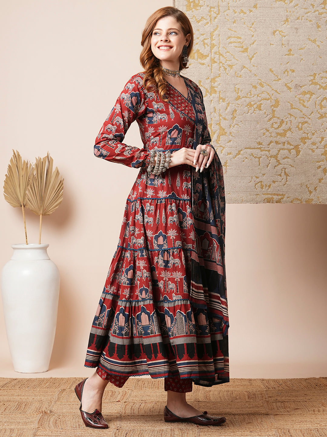 Ethnic Floral Printed A-Line Tiered Kurta with Pant & Dupatta - Rust