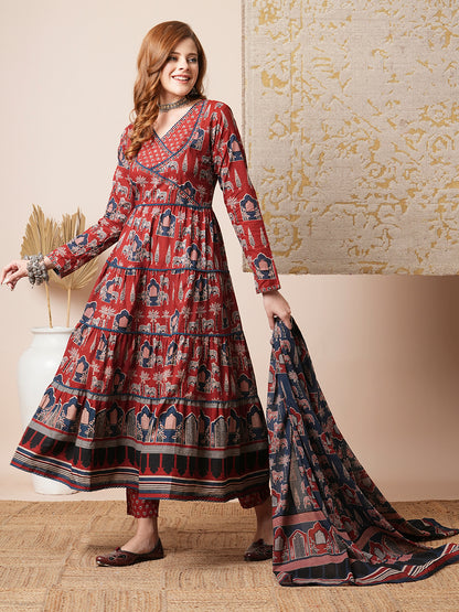 Ethnic Floral Printed A-Line Tiered Kurta with Pant & Dupatta - Rust