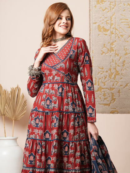 Ethnic Floral Printed A-Line Tiered Kurta with Pant & Dupatta - Rust