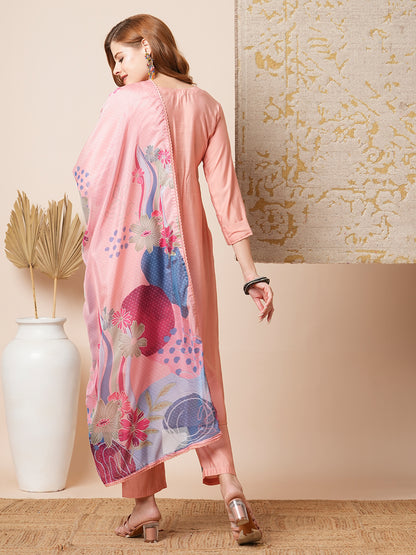 Floral Hand Embroidered Straight Fit Kurta with Pant & Dupatta - Pink