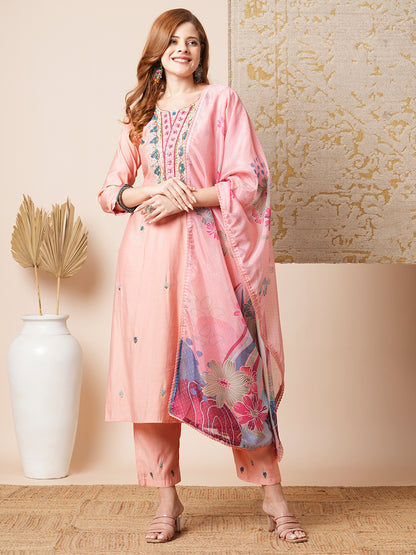 Floral Hand Embroidered Straight Fit Kurta with Pant & Dupatta - Pink
