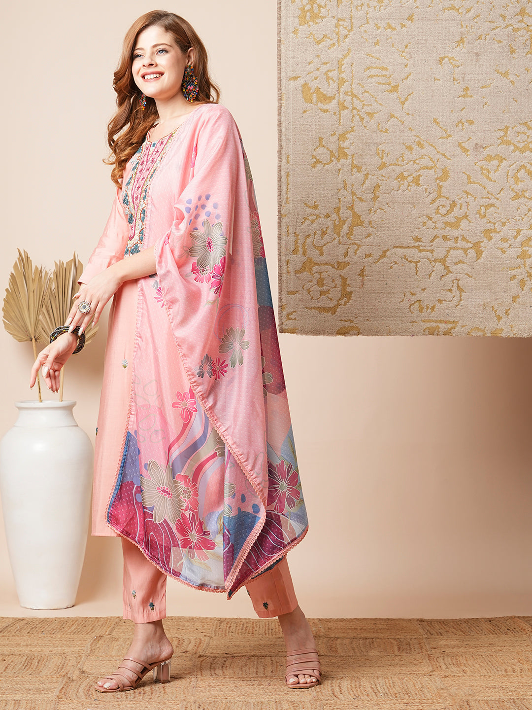 Floral Hand Embroidered Straight Fit Kurta with Pant & Dupatta - Pink