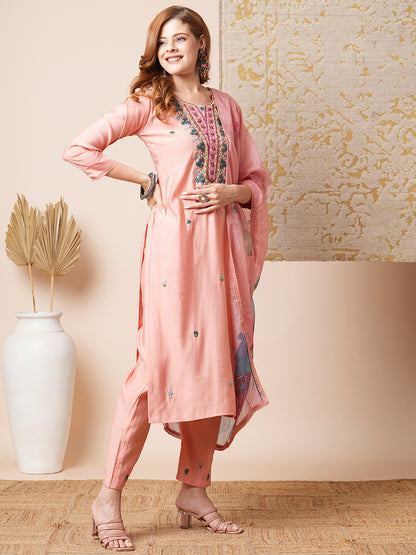 Floral Hand Embroidered Straight Fit Kurta with Pant & Dupatta - Pink