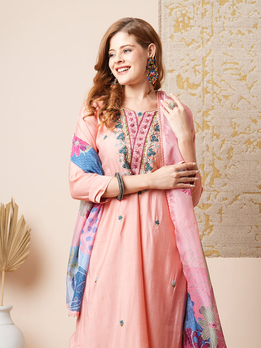 Floral Hand Embroidered Straight Fit Kurta with Pant & Dupatta - Pink