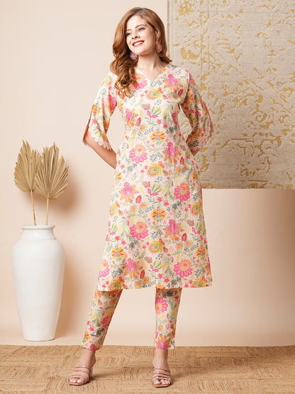 Ethnic Floral Printed Straight Fit Co-ord Set - Cream