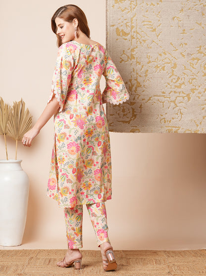 Ethnic Floral Printed Straight Fit Co-ord Set - Cream