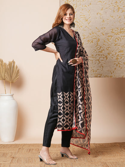 Leaf Printed & Embroidered Straight Kurta with Pant & Dupatta - Black