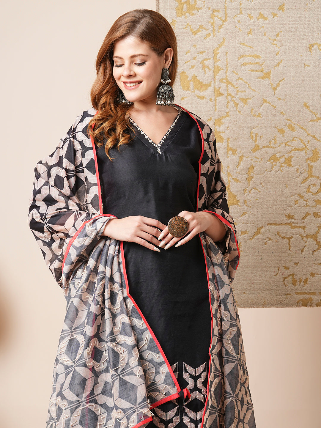 Leaf Printed & Embroidered Straight Kurta with Pant & Dupatta - Black