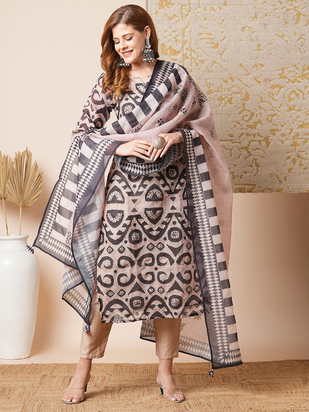 Geometric Printed & Embroidered Straight Kurta with Pant & Dupatta - Beige