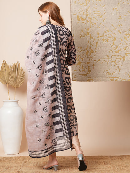 Geometric Printed & Embroidered Straight Kurta with Pant & Dupatta - Beige