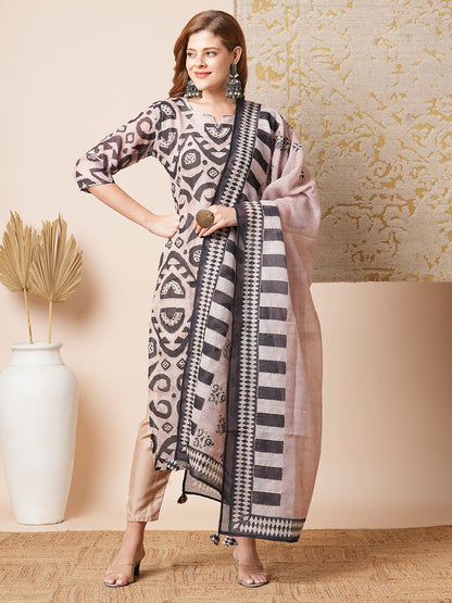 Geometric Printed & Embroidered Straight Kurta with Pant & Dupatta - Beige