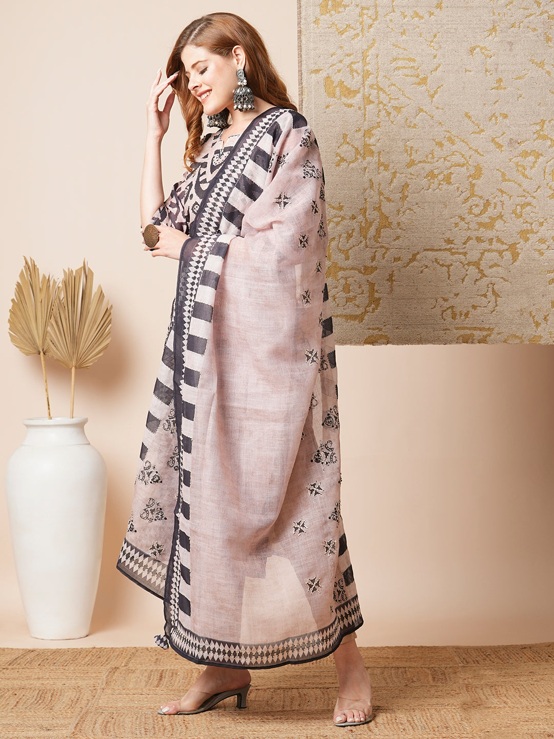 Geometric Printed & Embroidered Straight Kurta with Pant & Dupatta - Beige