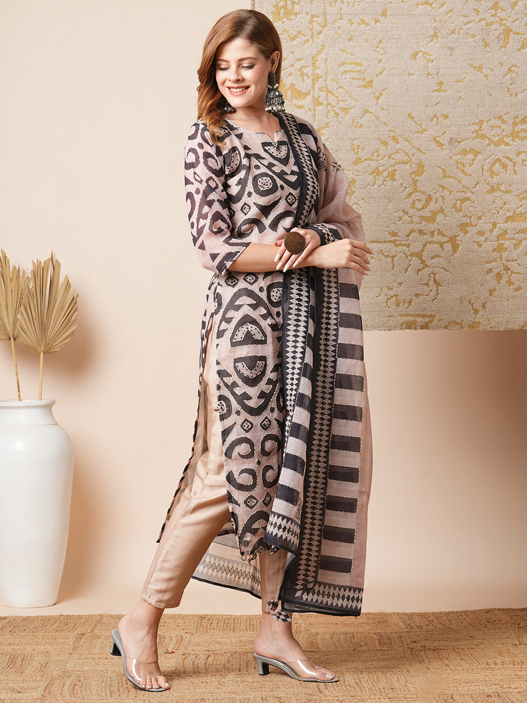 Geometric Printed & Embroidered Straight Kurta with Pant & Dupatta - Beige