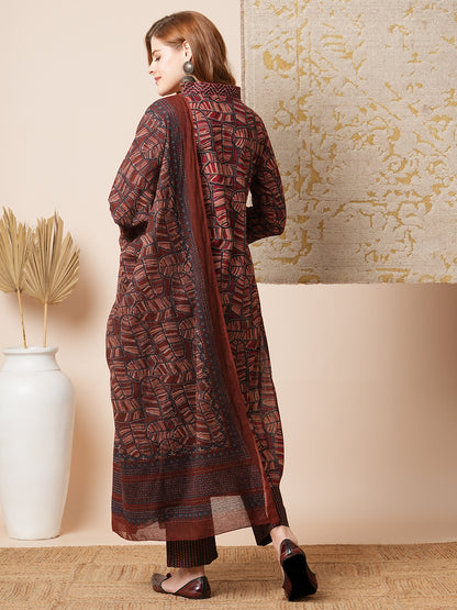 Floral Printed & Embroidered Straight Fit Kurta with Pant and Dupatta - Brown