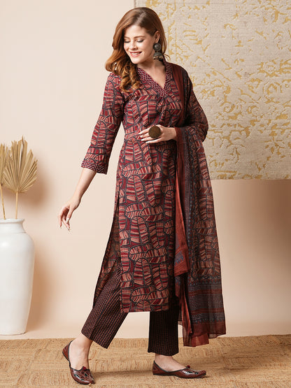 Floral Printed & Embroidered Straight Fit Kurta with Pant and Dupatta - Brown