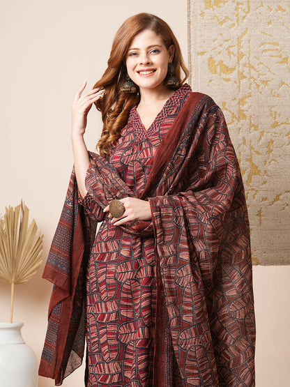 Floral Printed & Embroidered Straight Fit Kurta with Pant and Dupatta - Brown