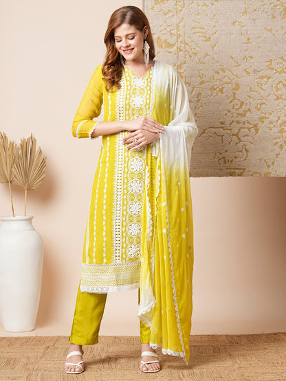 Floral Embroidered Straight Fit Kurta with Pant and Dupatta - Lime Green