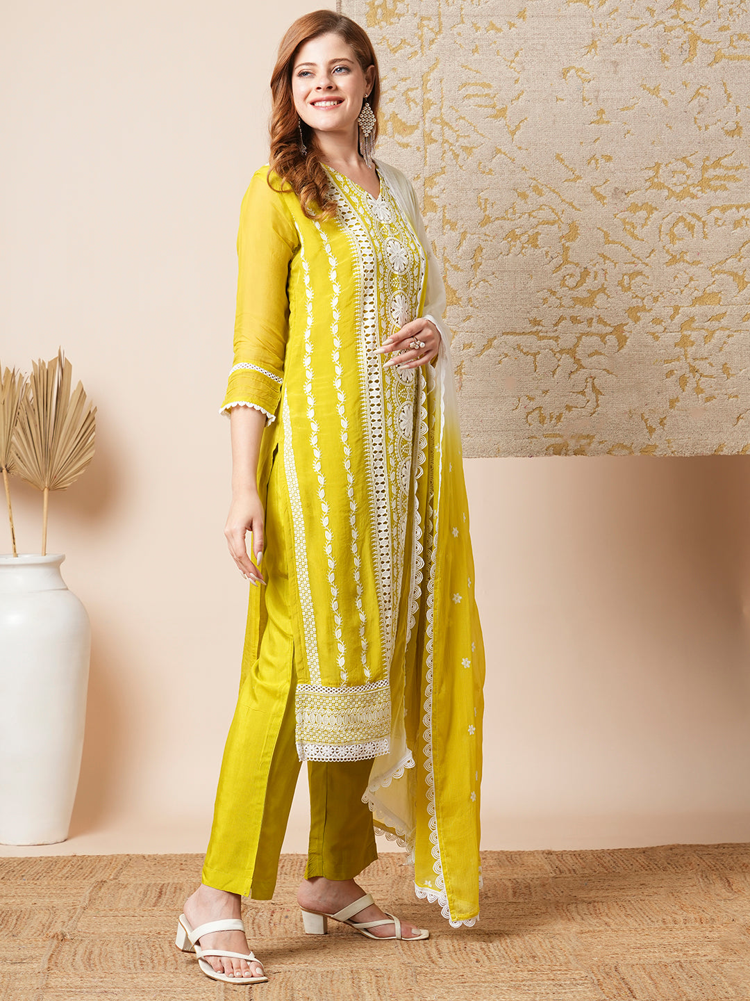 Floral Embroidered Straight Fit Kurta with Pant and Dupatta - Lime Green