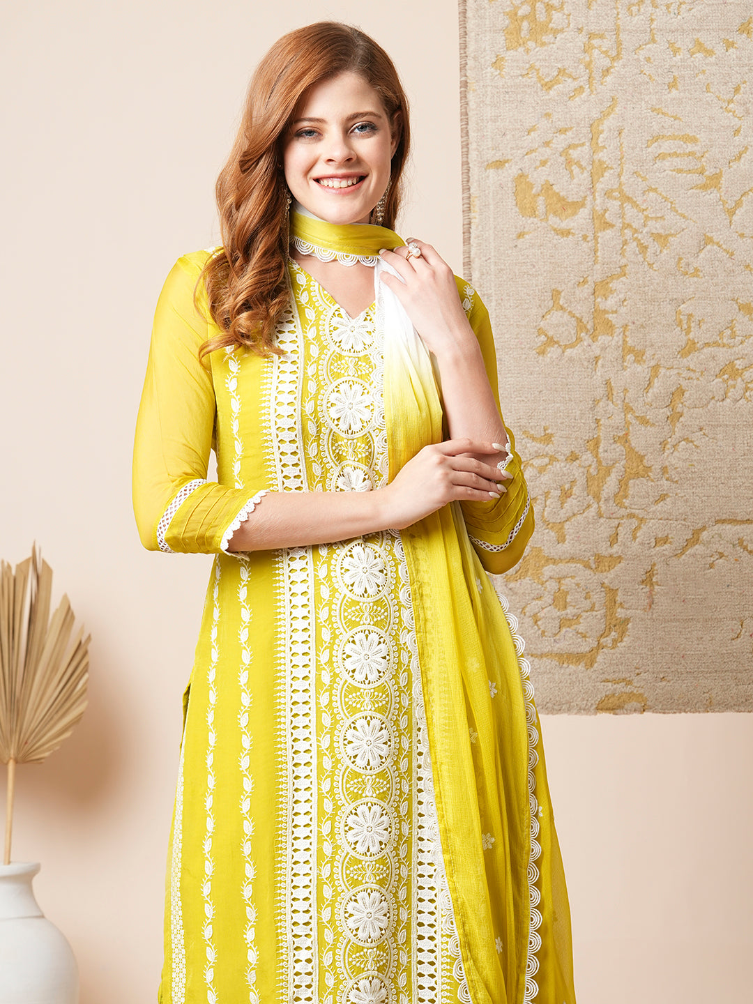 Floral Embroidered Straight Fit Kurta with Pant and Dupatta - Lime Green