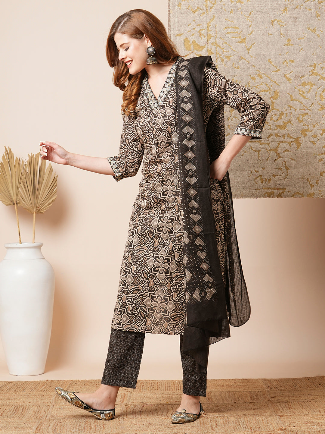 Ethnic Printed & Embroidered Straight Fit Kurta with Pant and Dupatta - Brown