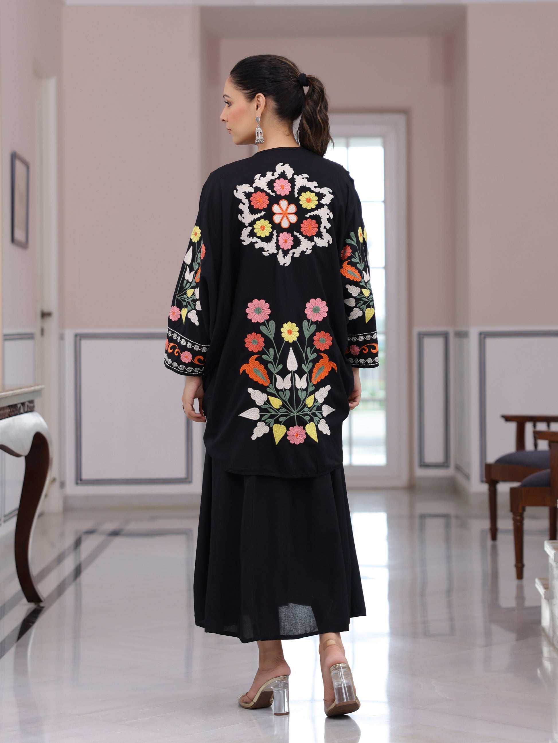 Solid A-Line Midi Dress with Floral Thread Work Embroidered Jacket - B FASHOR Solid A-Line Midi Dress with Floral Thread Work Embroidered Jacket - B FASHOR