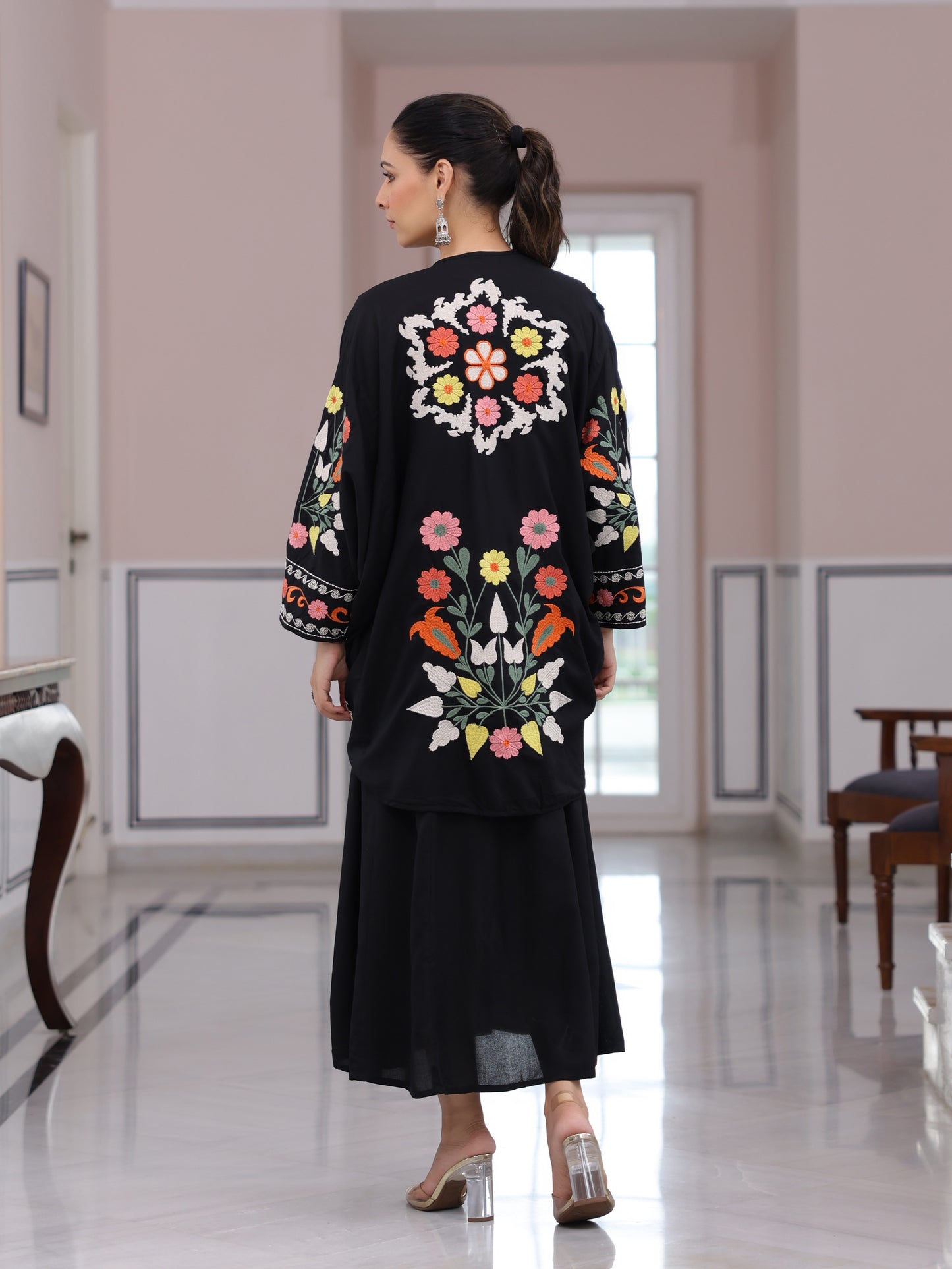 Solid A-Line Midi Dress with Floral Thread Work Embroidered Jacket - Black