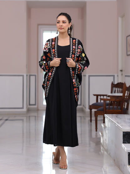 Solid A-Line Midi Dress with Floral Thread Work Embroidered Jacket - Black