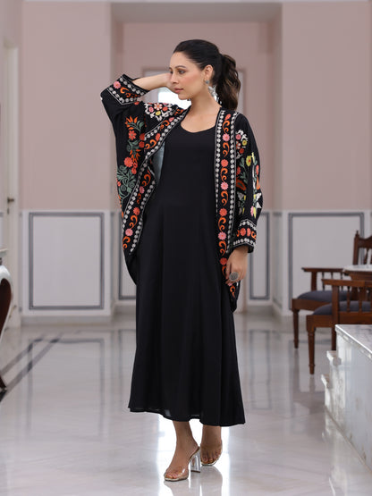 Solid A-Line Midi Dress with Floral Thread Work Embroidered Jacket - Black