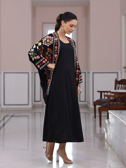 Solid A-Line Midi Dress with Floral Thread Work Embroidered Jacket - Black