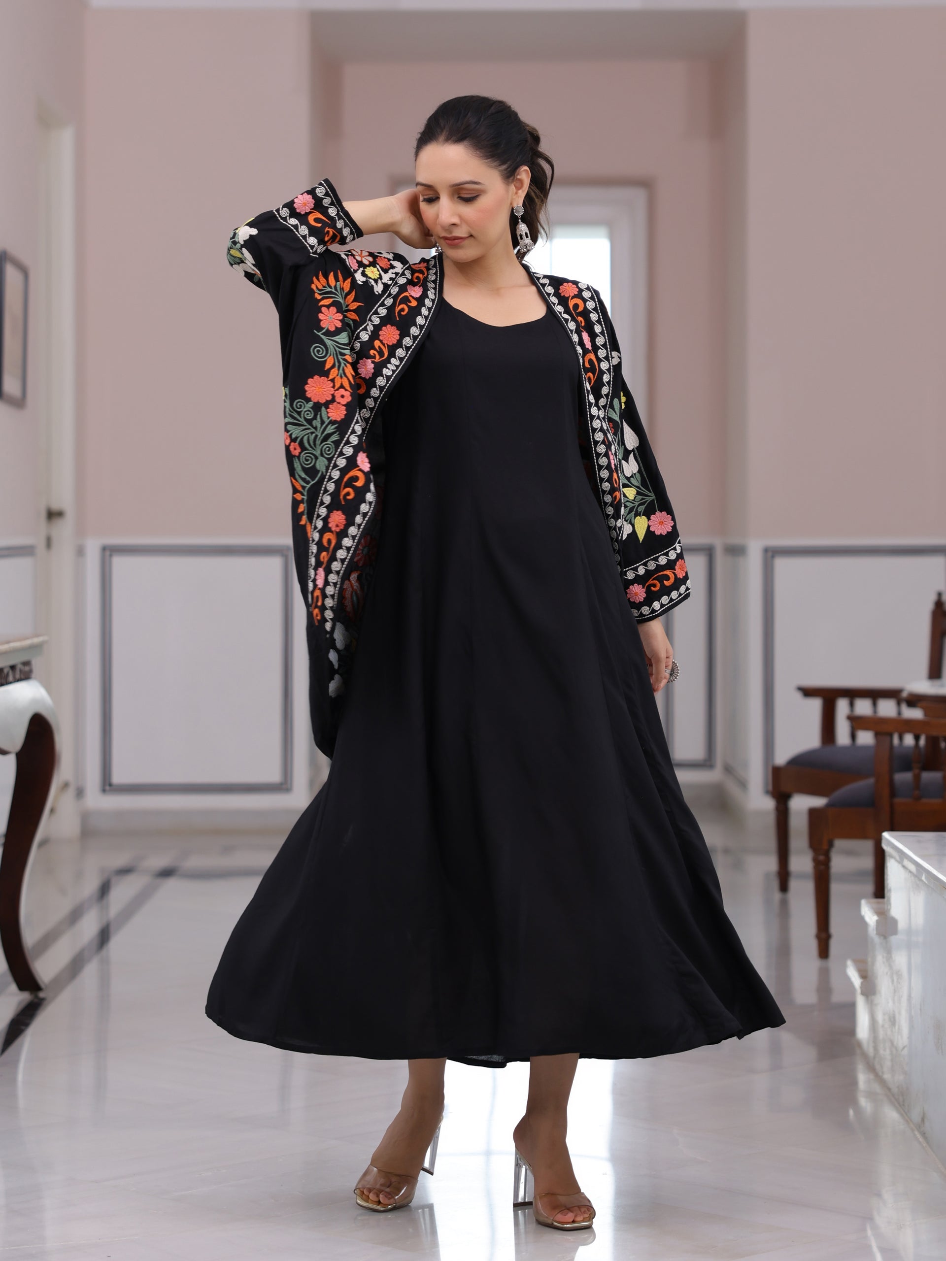 Solid A-Line Midi Dress with Floral Thread Work Embroidered Jacket Black