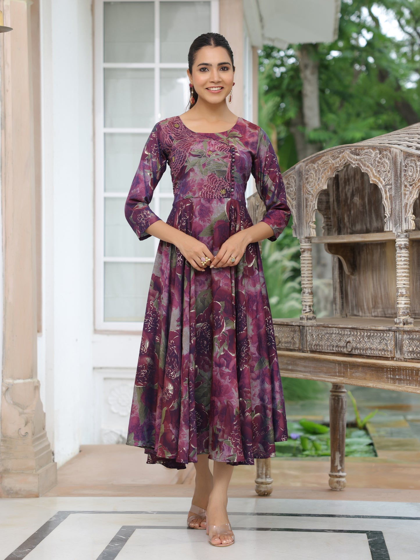 Floral Printed Resham & Zari Embroidered Flared A-line Maxi Dress - Mauve