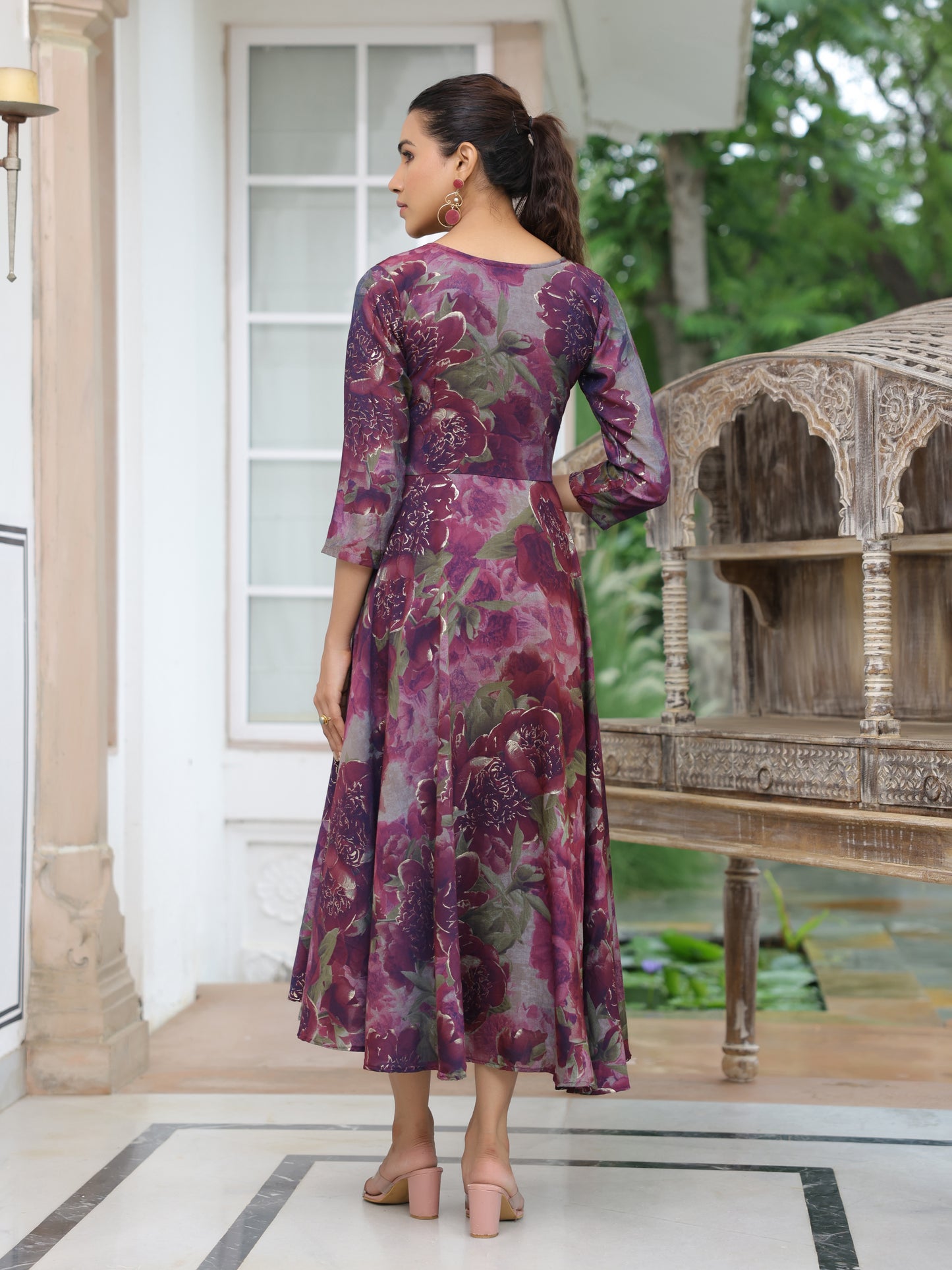 Floral Printed Resham & Zari Embroidered Flared A-line Maxi Dress - Mauve