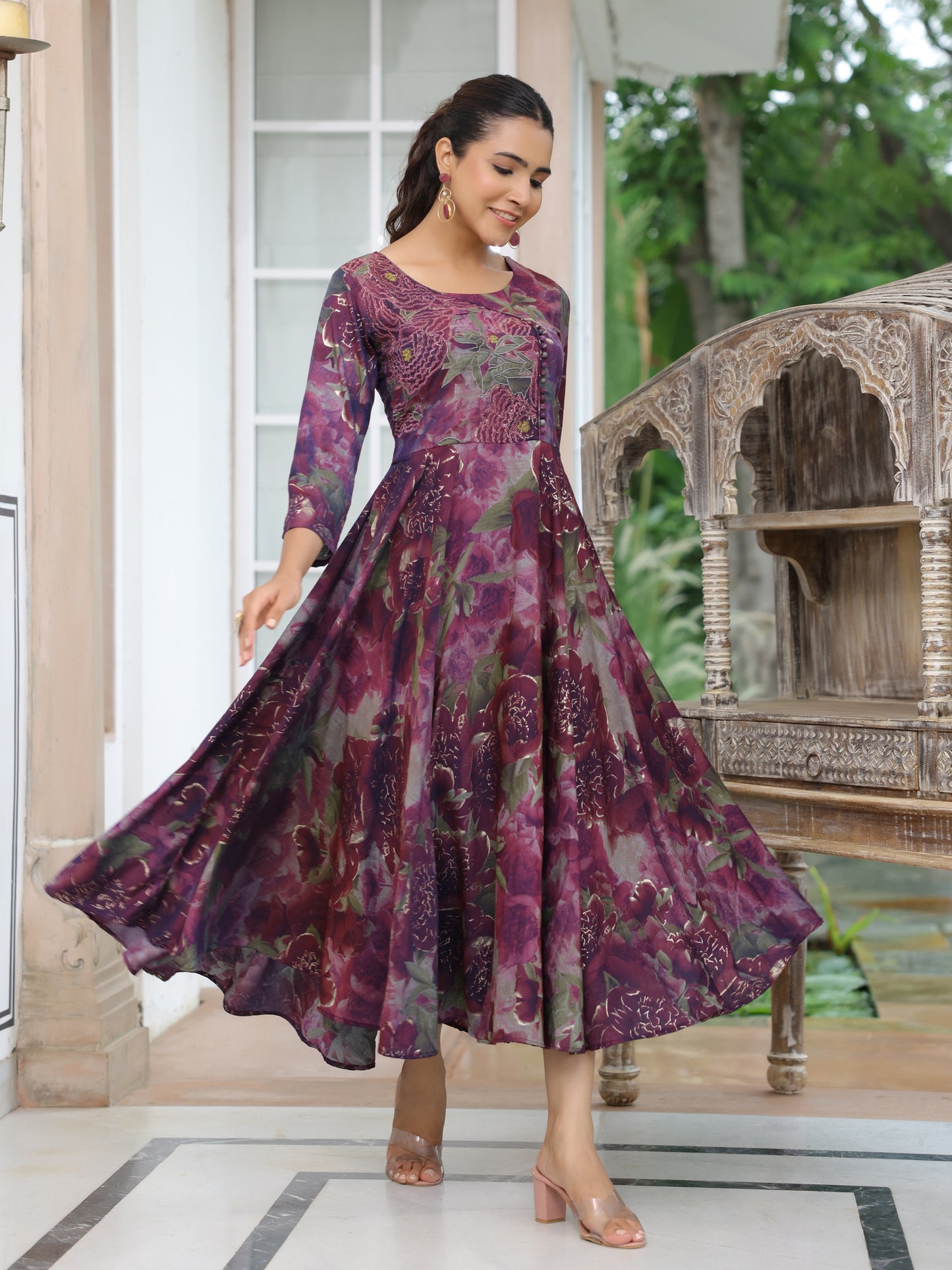 Floral Printed Resham & Zari Embroidered Flared A-line Maxi Dress - Mauve