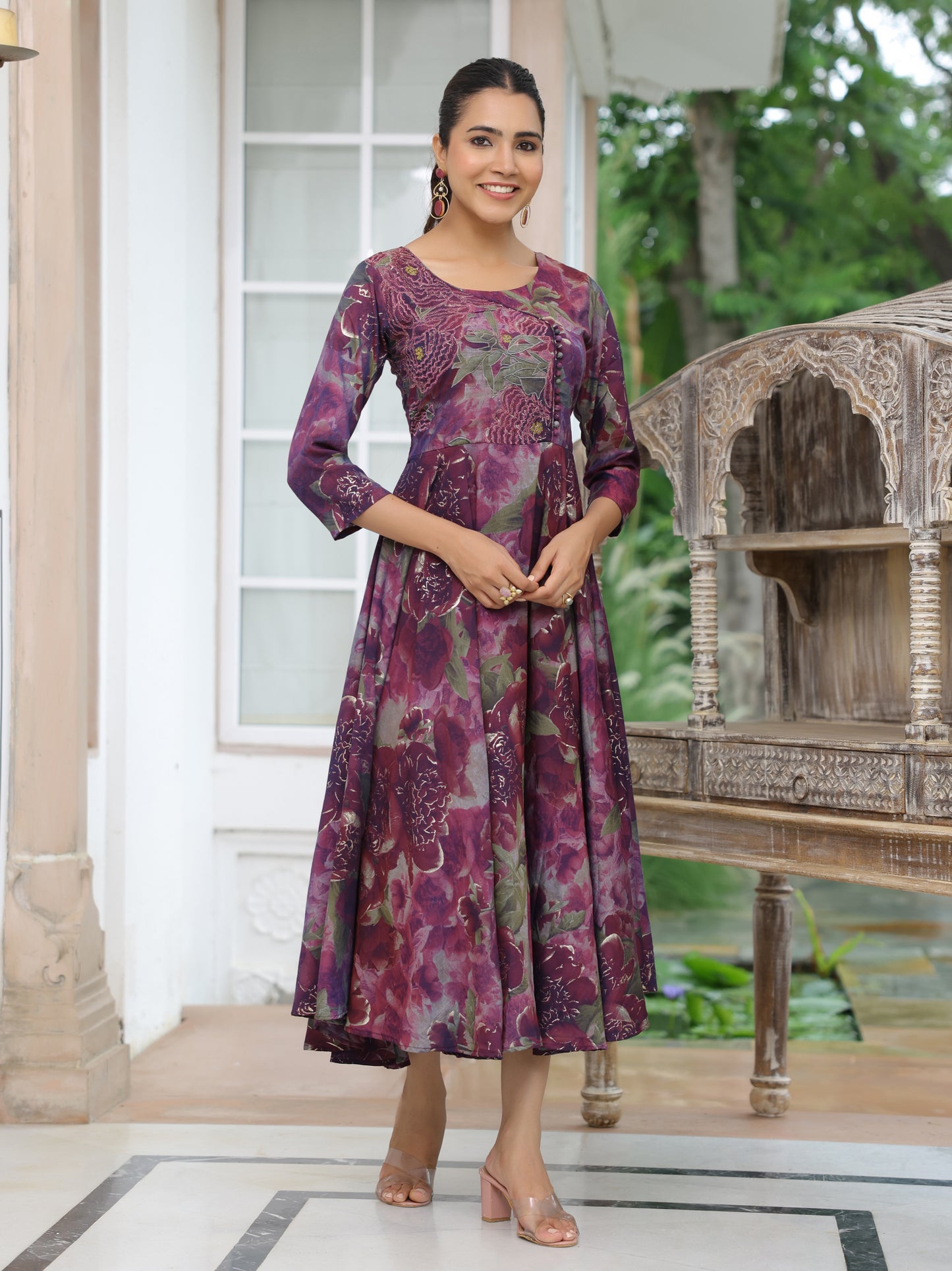 Floral Printed Resham & Zari Embroidered Flared A-line Maxi Dress - Mauve