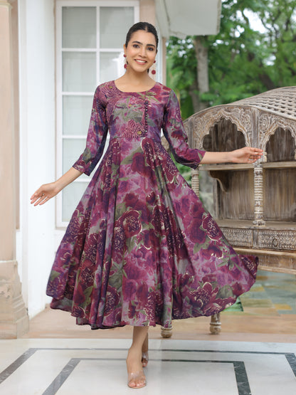 Floral Printed Resham & Zari Embroidered Flared A-line Maxi Dress - Mauve