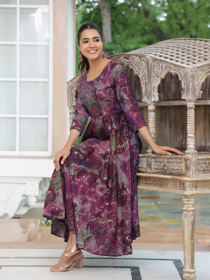 Floral Printed Resham & Zari Embroidered Flared A-line Maxi Dress - Mauve