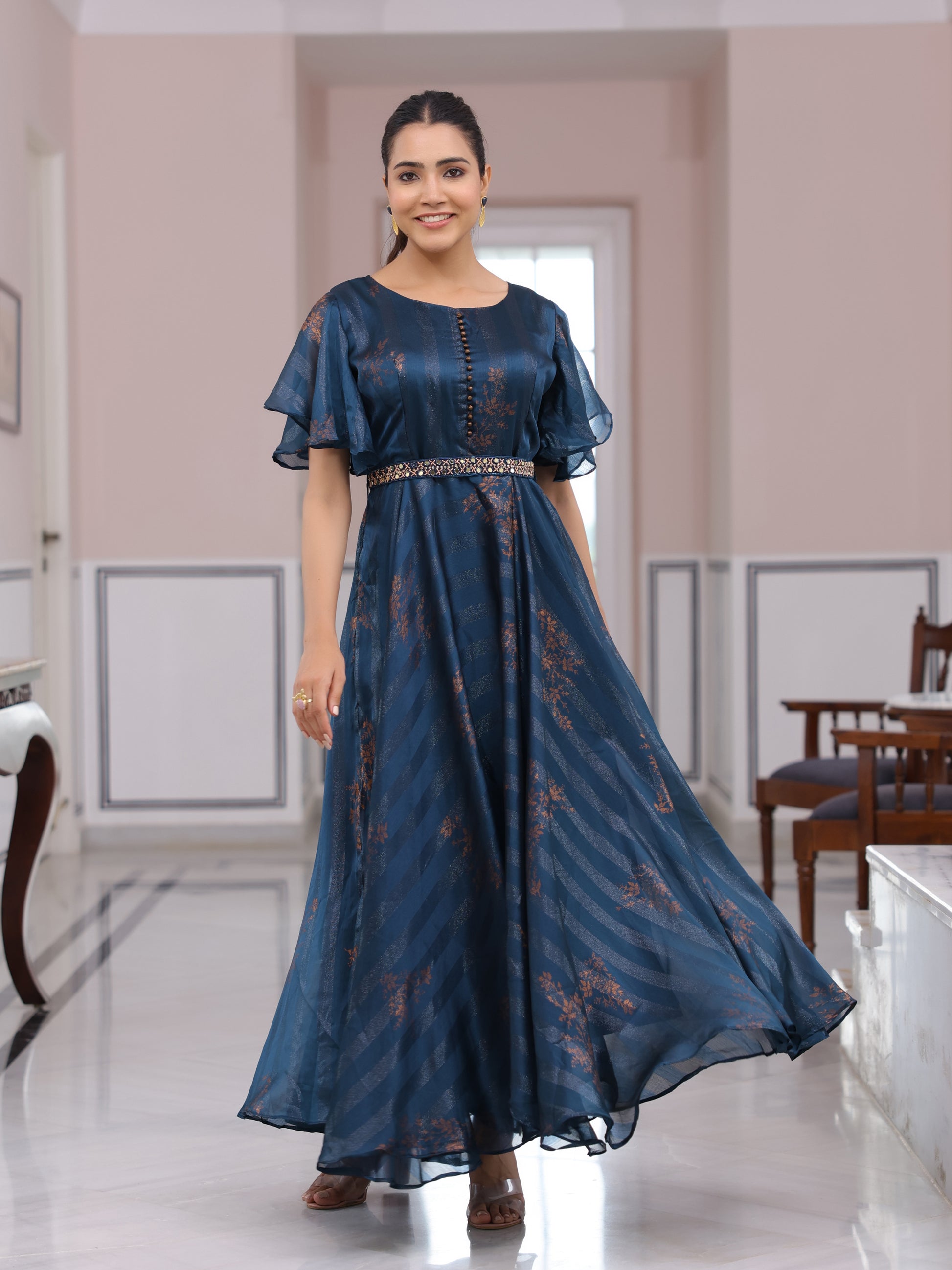 Floral Foil Printed Flared Maxi Dress with Mirror & Stones Embroidered FASHOR Floral Foil Printed Flared Maxi Dress with Mirror & Stones Embroidered FASHOR