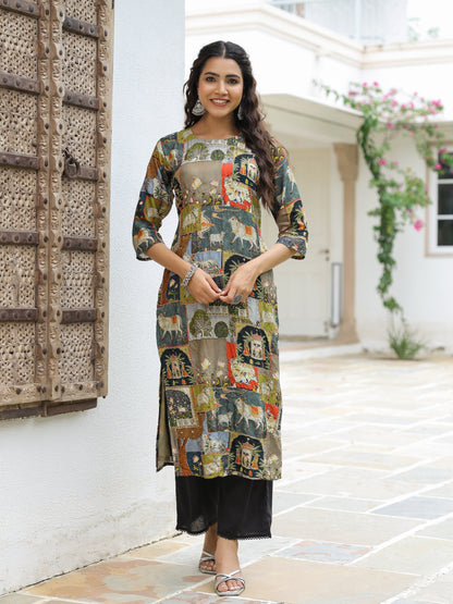 Ethnic Pichwai Printed & Kantha Sequin Embroidered Straight Kurta - Green