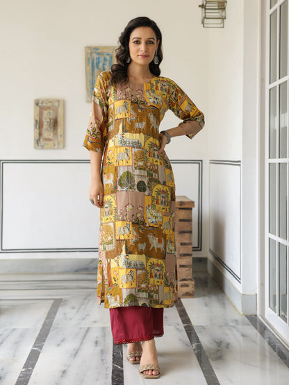 Ethnic Pichwai Printed & Kantha Sequin Embroidered Straight Kurta - Mutli