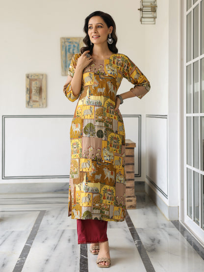 Ethnic Pichwai Printed & Kantha Sequin Embroidered Straight Kurta - Mutli