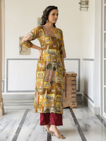 Ethnic Pichwai Printed & Kantha Sequin Embroidered Straight Kurta - Mutli