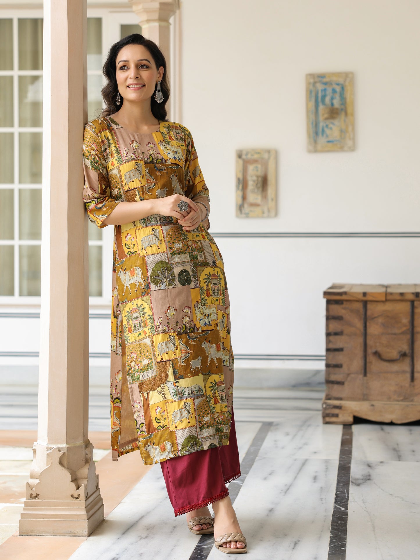 Ethnic Pichwai Printed & Kantha Sequin Embroidered Straight Kurta - Mutli