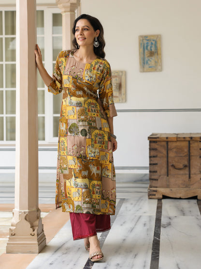 Ethnic Pichwai Printed & Kantha Sequin Embroidered Straight Kurta - Mutli