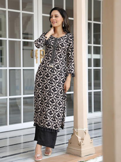 Ethnic Printed Mirror Embroidered Sea-Shell Tassels Embellished Kurta - Black