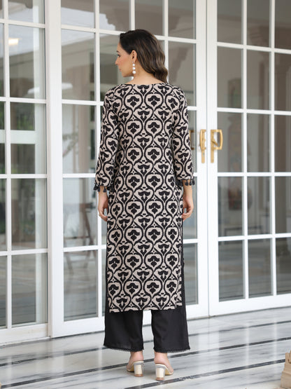 Ethnic Printed Mirror Embroidered Sea-Shell Tassels Embellished Kurta - Black