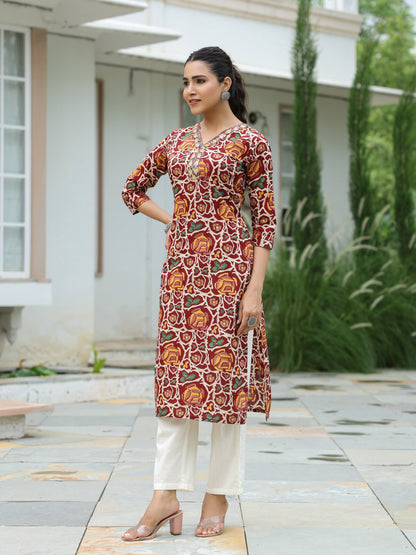 Abstract Printed Mirror, Resham & Sequins Embroidered Kurta - Maroon & Multi