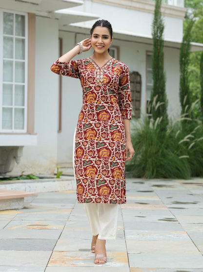 Abstract Printed Mirror, Resham & Sequins Embroidered Kurta - Maroon & Multi