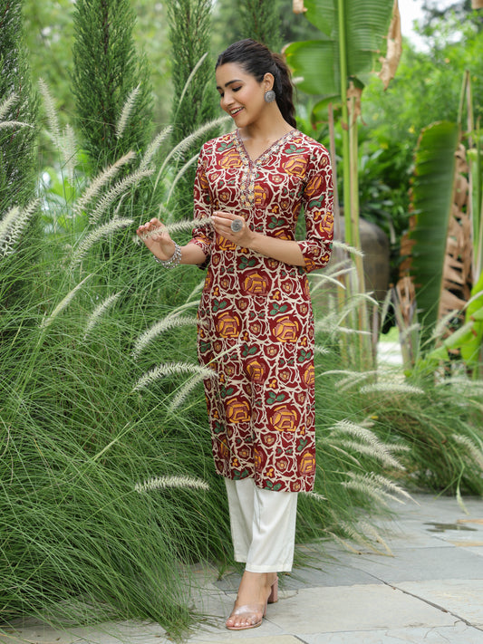 Abstract Printed Mirror, Resham & Sequins Embroidered Kurta - Maroon & Multi