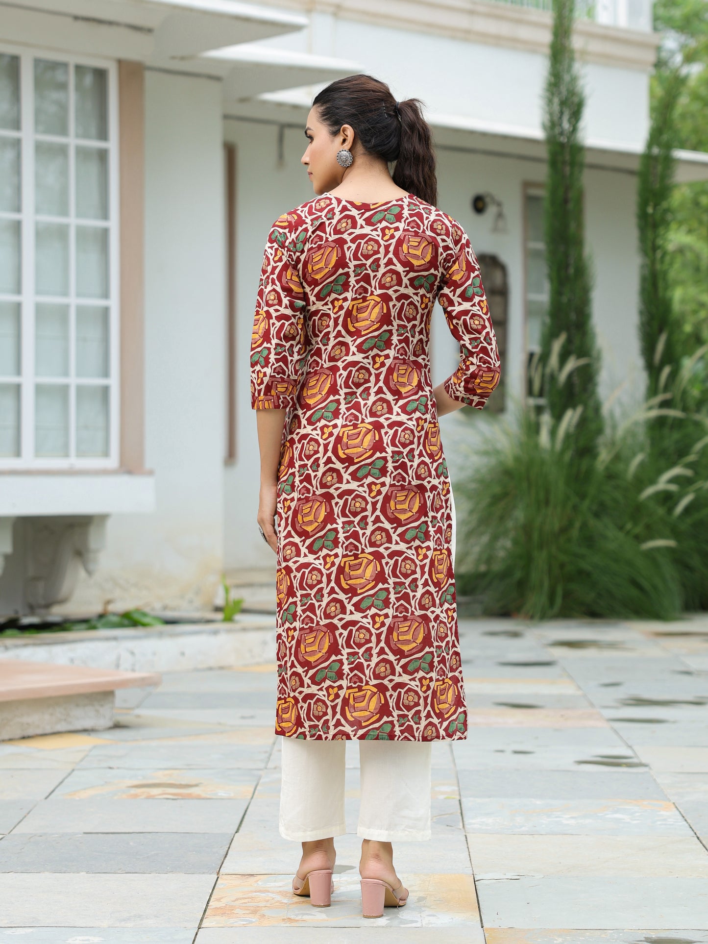 Abstract Printed Mirror, Resham & Sequins Embroidered Kurta - Maroon & Multi